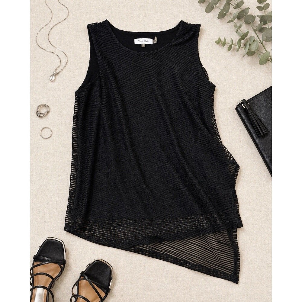 Calvin Klein Women’s M Black Mesh Overlay Sleeveless Top Asymmetrical Hem
